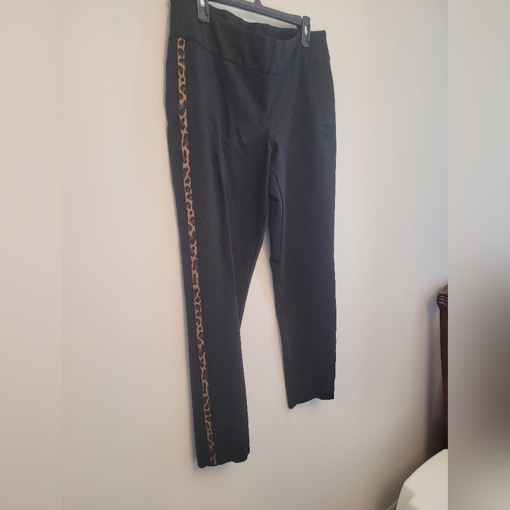 Elegant Black Straight Leg Pants with Tan/Black Detailing on sides.